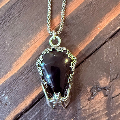 Gothic Victorian Handmade Obsidian Coffin Bat Spiderweb Necklace
