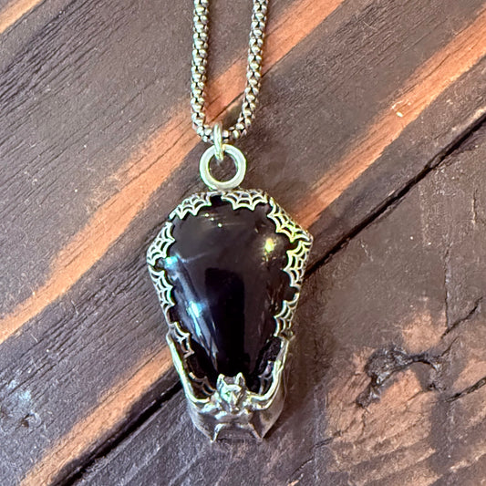 Gothic Victorian Handmade Obsidian Coffin Bat Spiderweb Necklace