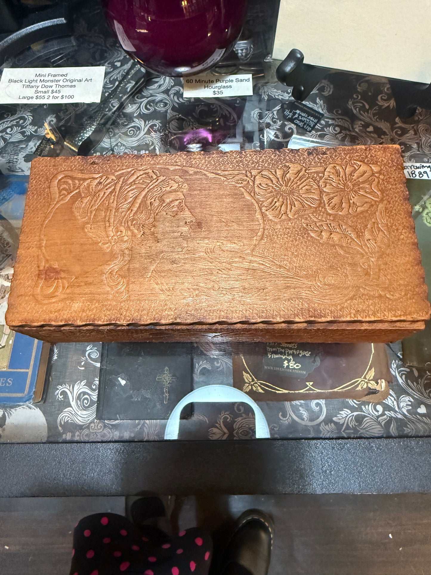 Antique Art Nouveau Woman & Flowers Pyrography Hinged Wooden Box