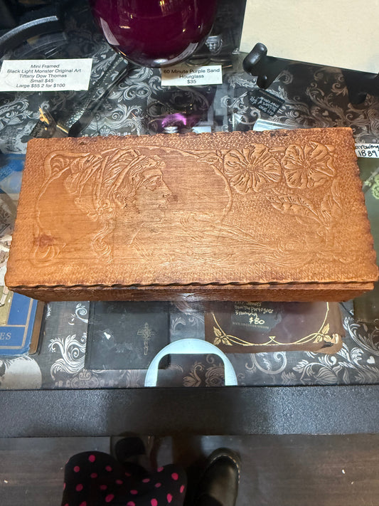 Antique Art Nouveau Woman & Flowers Pyrography Hinged Wooden Box