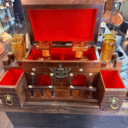 Vintage Dark Wood Castle Decanter Set
