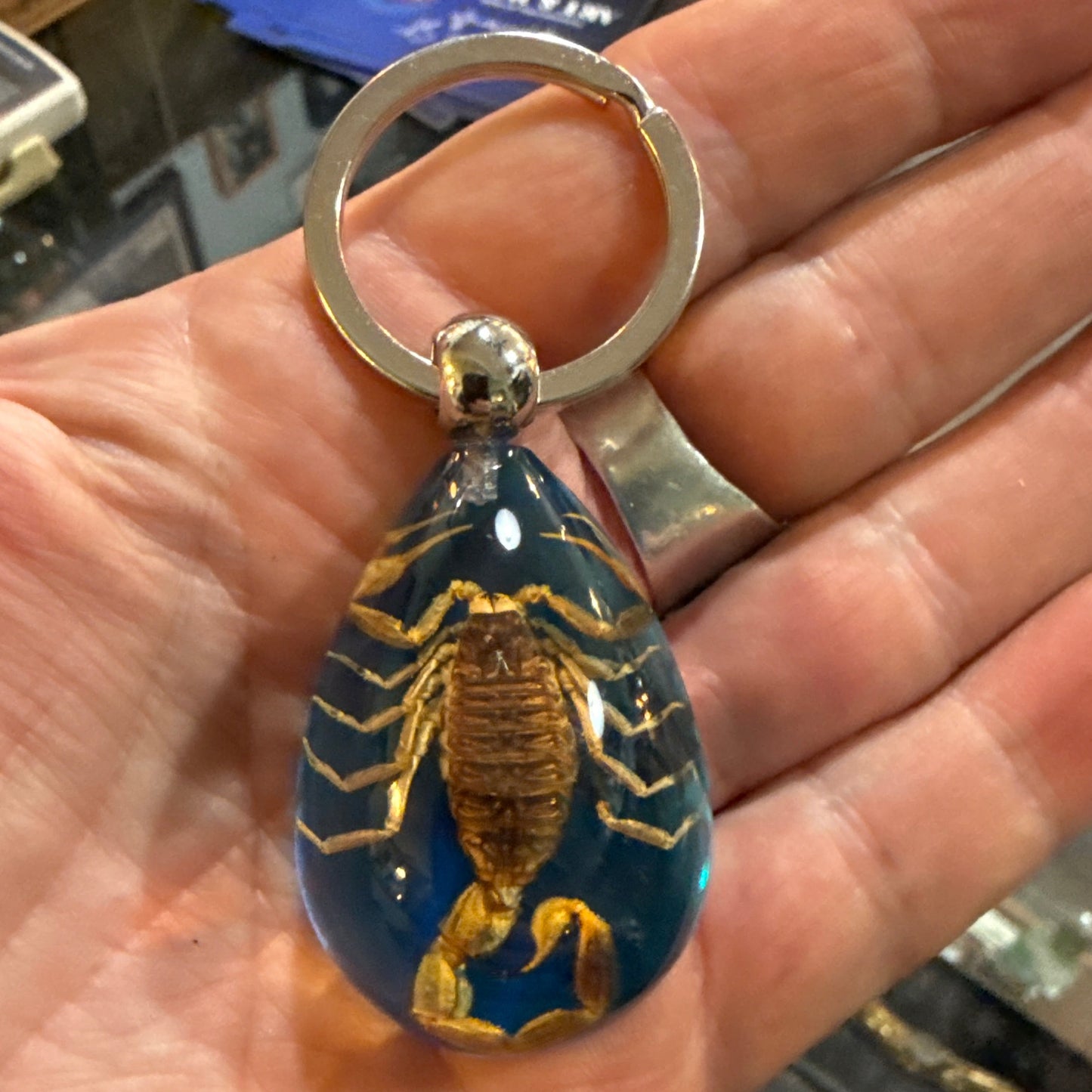 Scorpion on Blue Drop Lucite Keychain