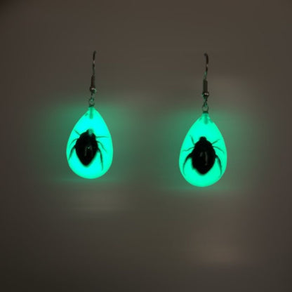 Shining Leaf Beetle Lucite Earrings Glow In The Dark