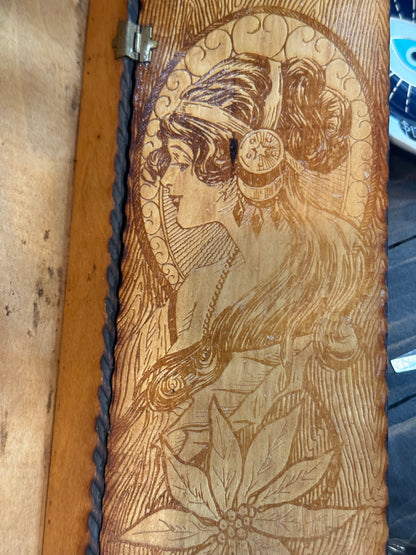 Antique Art Nouveau Woman & Red Flowers Hand Painted Pyrography Hinged Wooden Box