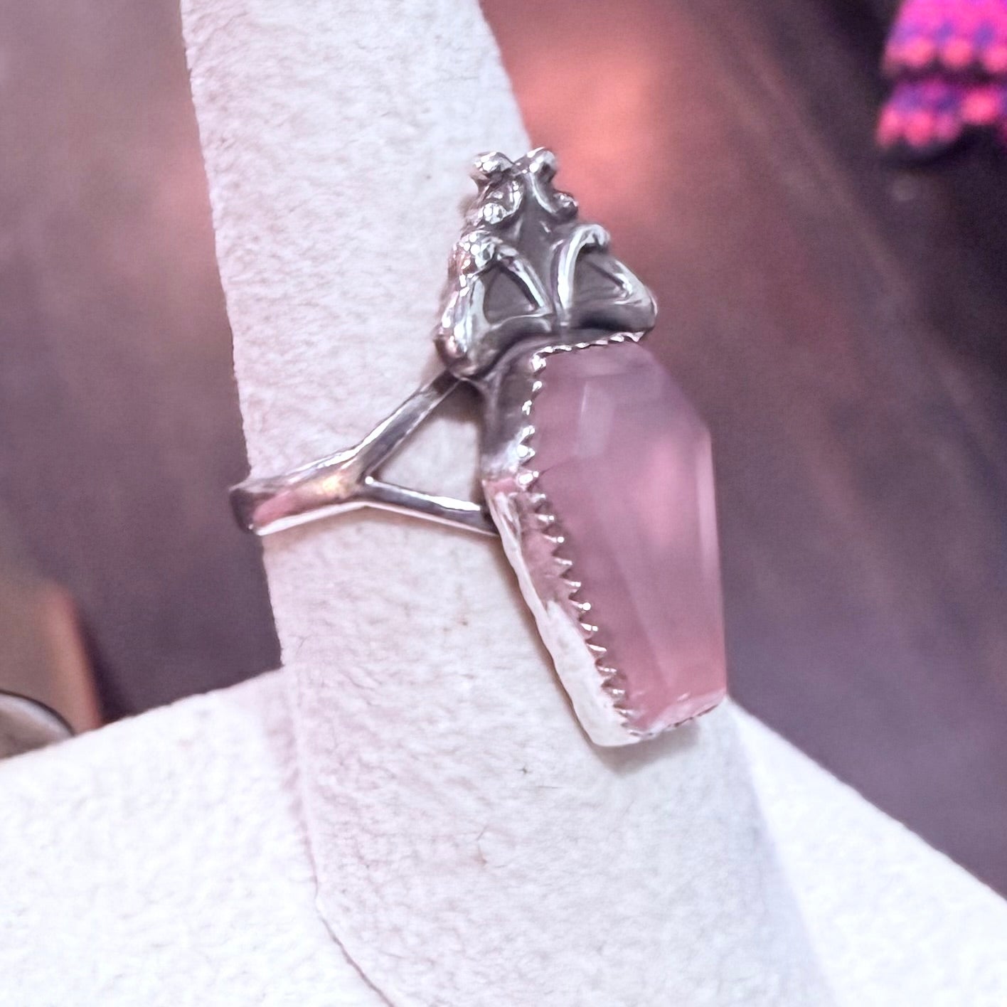 Gothic Art Nouveau Sterling Rose Quartz Coffin Ring