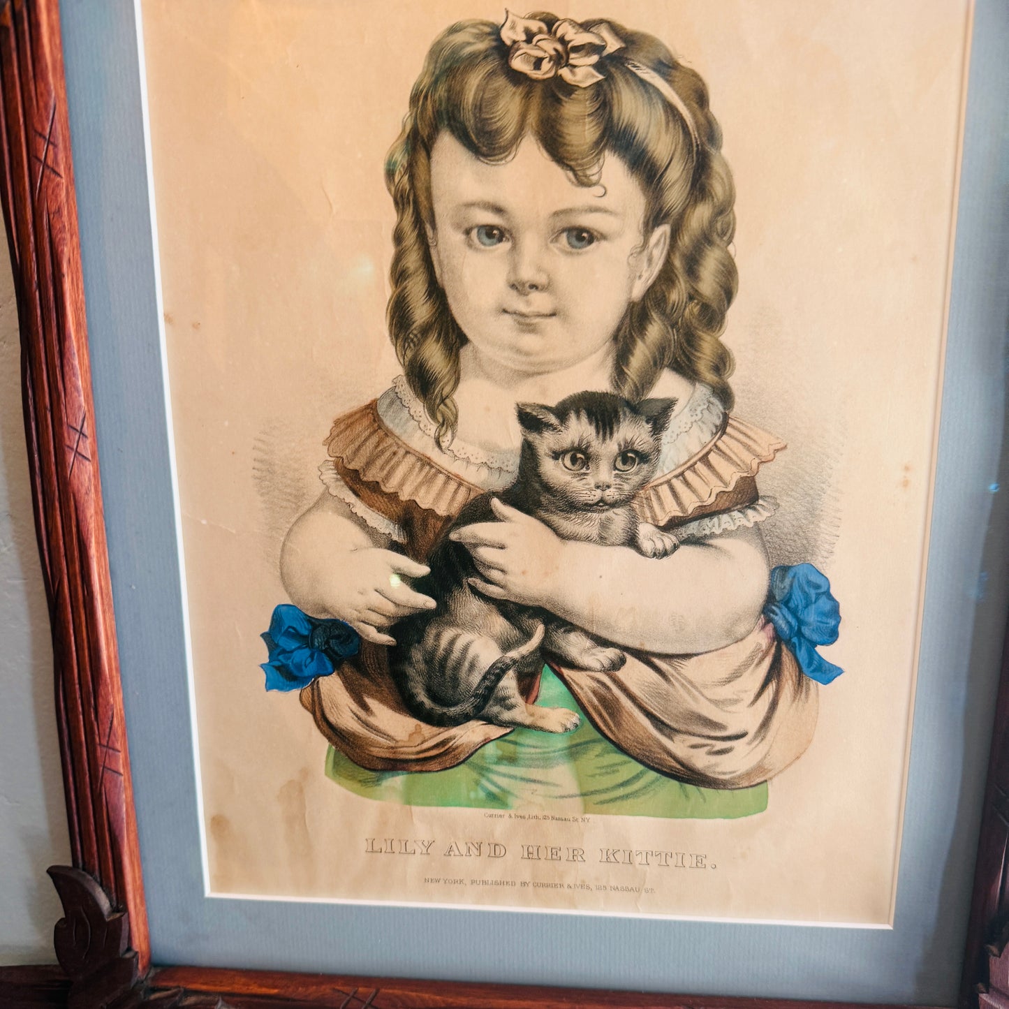 Victorian Framed { Lily and her Kittie } Lithograph