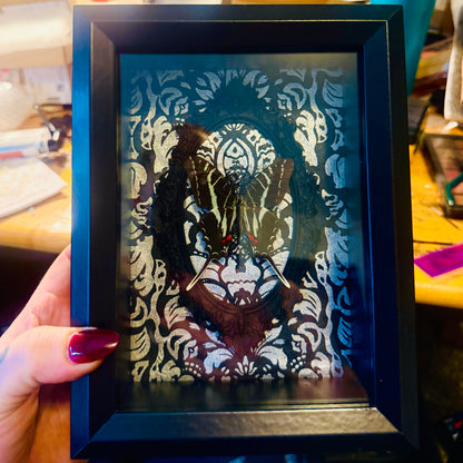 LTD Dark Zebra Swallowtail Shadowbox Art Silver Damask Background