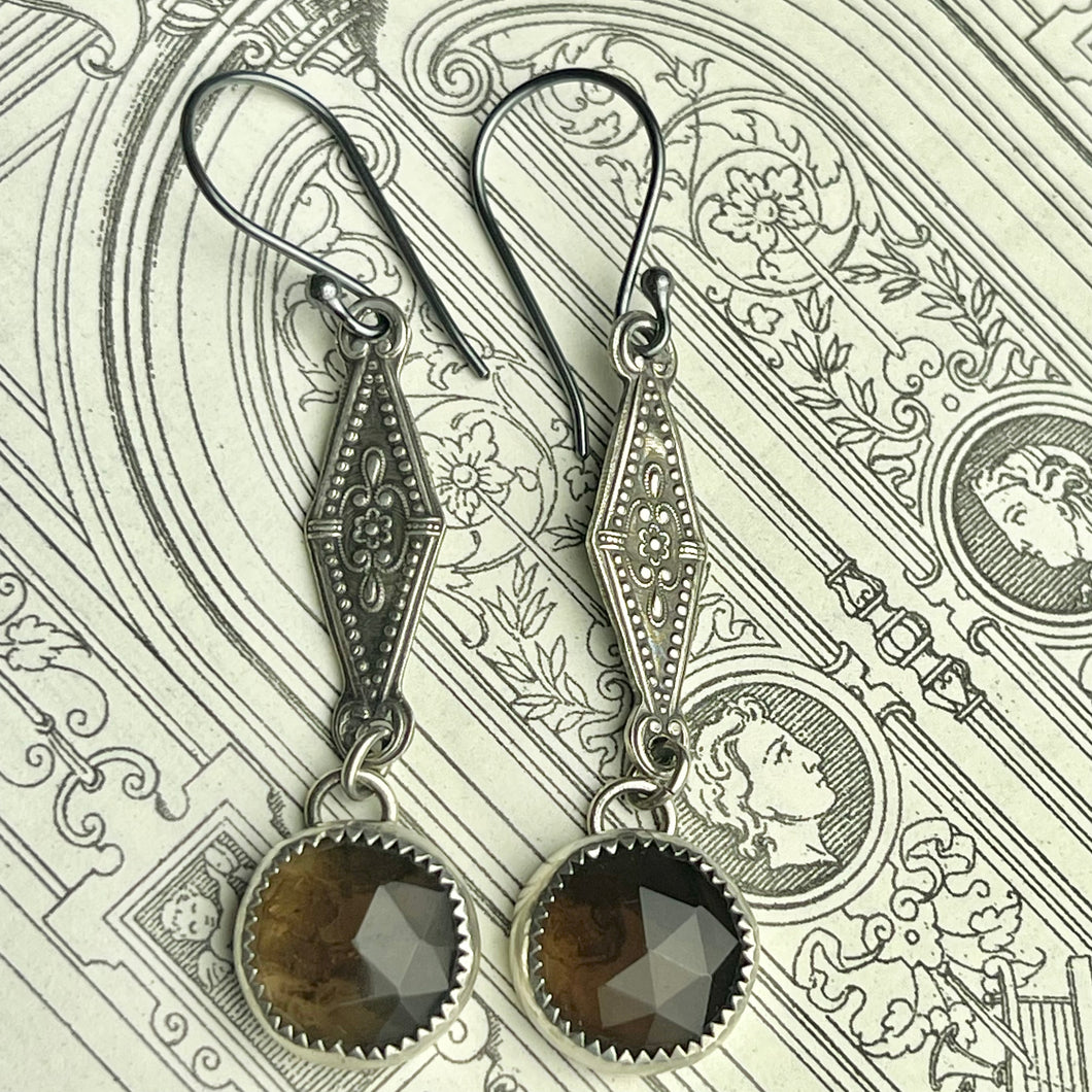 Sterling Gothic Victorian Smoky Quartz Drop Earrings