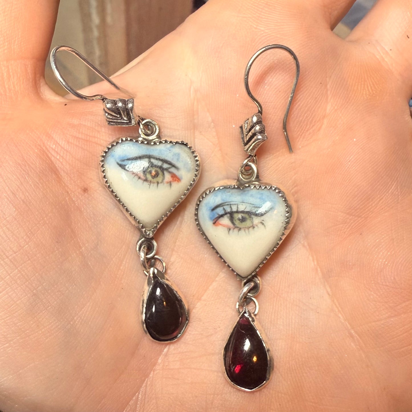 Sterling Gothic Victorian Lover’s Eye Blue Heart Earrings Garnet Drop