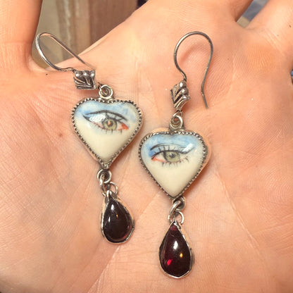 Sterling Gothic Victorian Lover’s Eye Blue Heart Earrings Garnet Drop