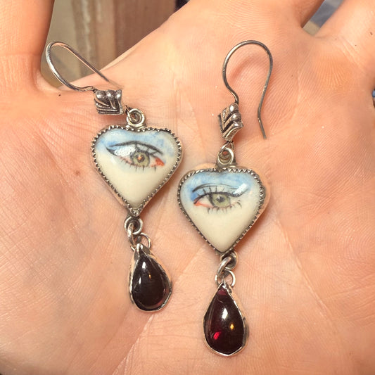 Sterling Gothic Victorian Lover’s Eye Blue Heart Earrings Garnet Drop