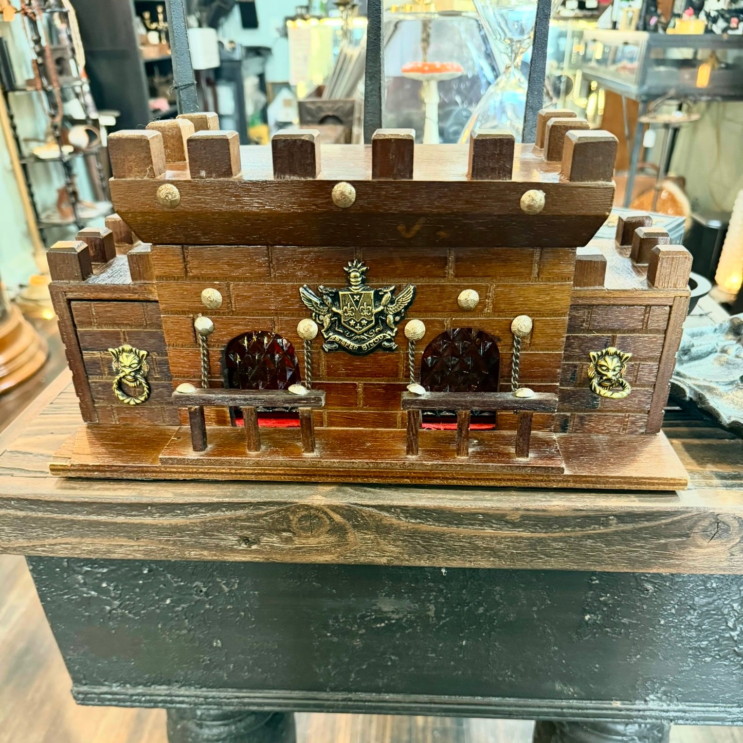 Vintage Dark Wood Castle Decanter Set