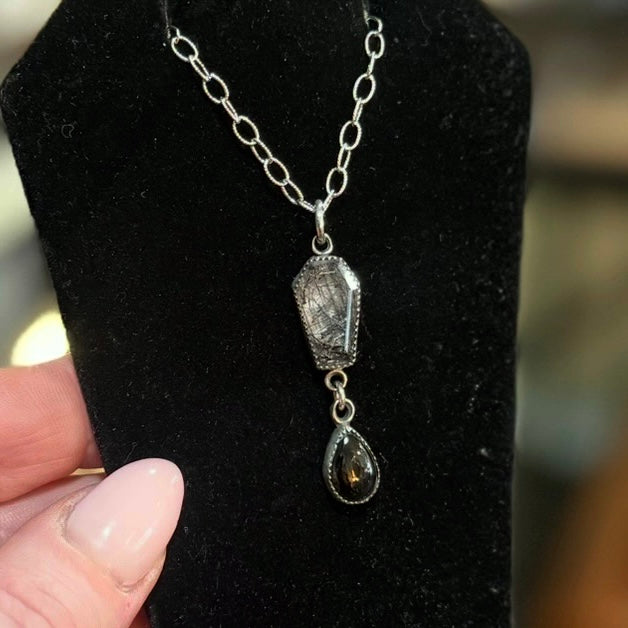 Sterling Tourmalated Quartz Coffin Onyx Drop Necklace