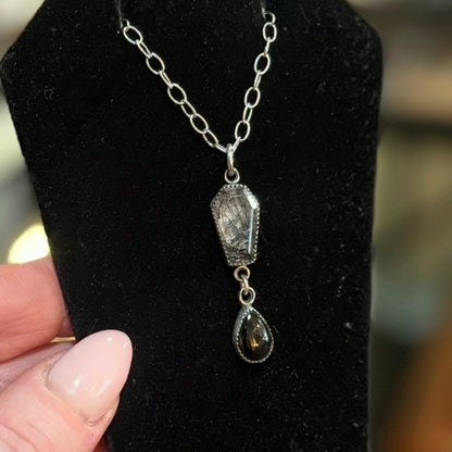 Sterling Tourmalated Quartz Coffin Onyx Drop Necklace