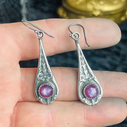 Gothic Victorian Sterling Ruby Bow Earrings