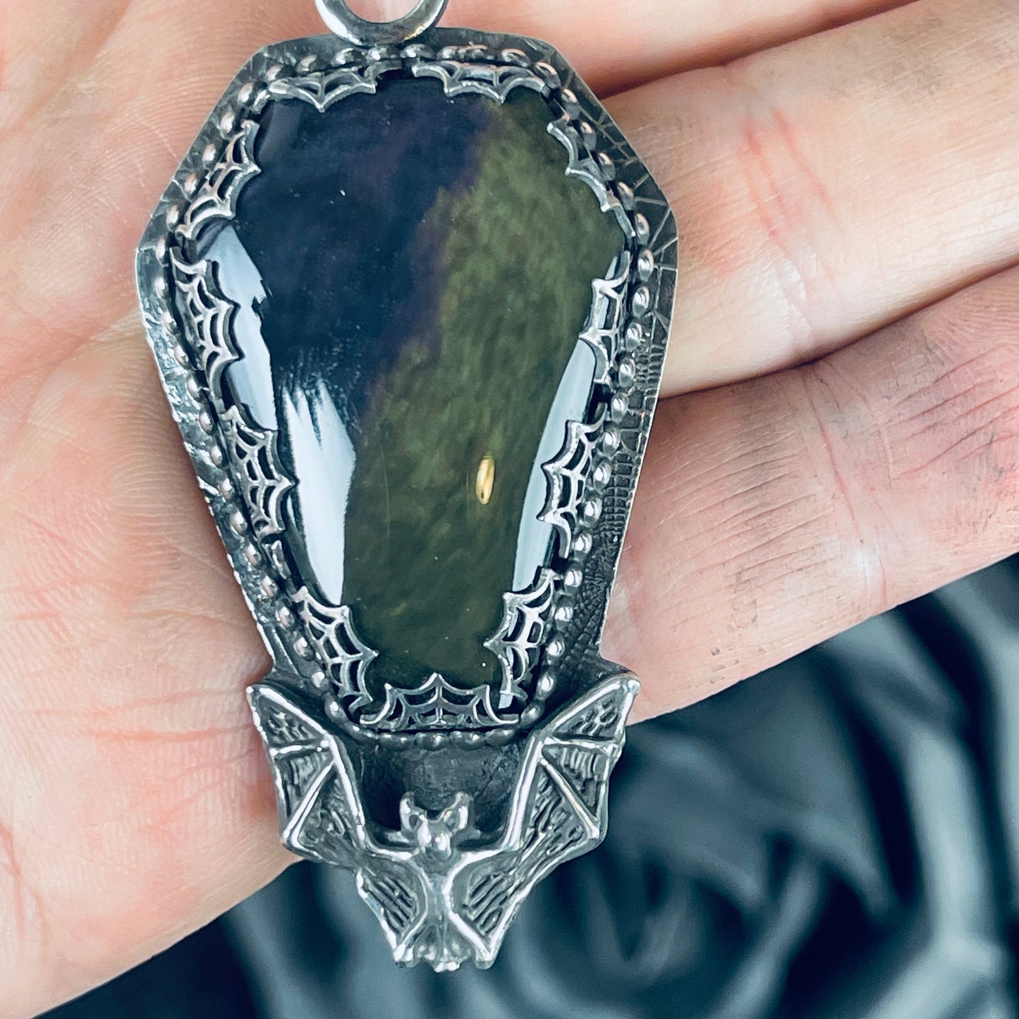 Gothic Victorian Velvet Obsidian Coffin Sterling Bat Necklace