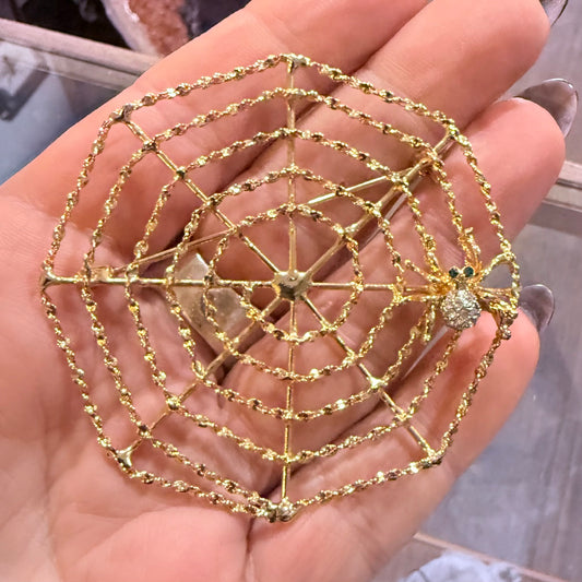 Antique Goldtone Spiderweb Rhinestone Spider Brooch