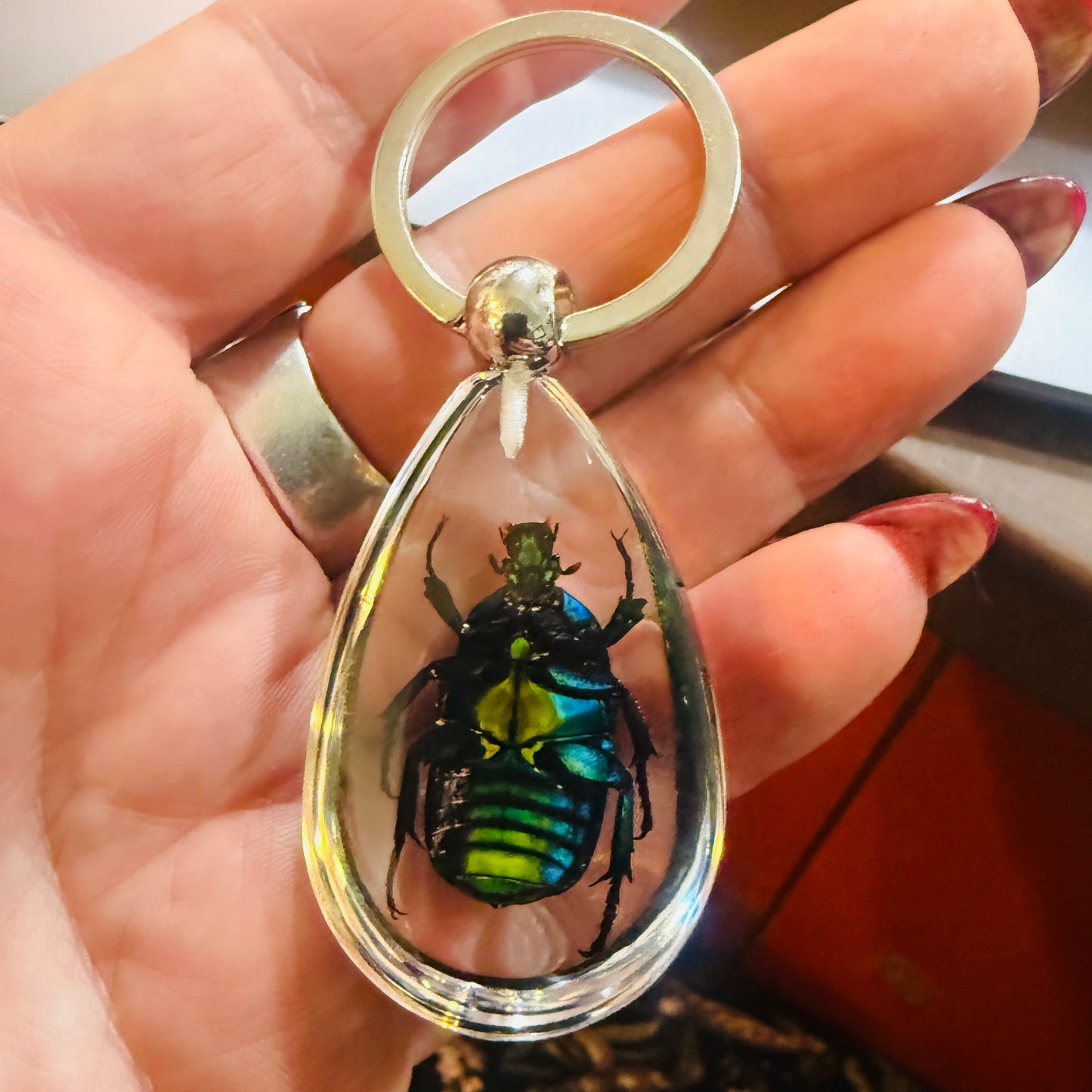 Green Beetle Drop Lucite Keychain