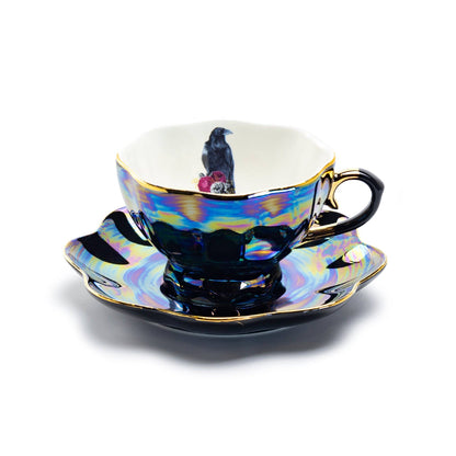 Crow with Red Roses Black Gold Luster Tea Cup and Saucer