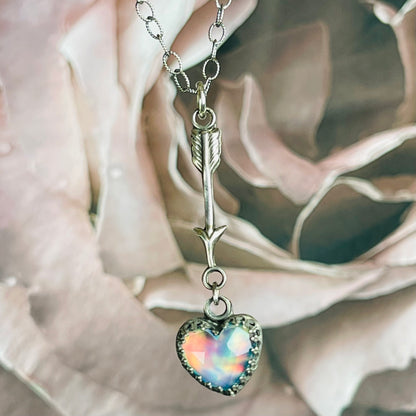 Gothic Victorian Handmade Mini Arrow Aurora Opal Heart Sterling Necklace