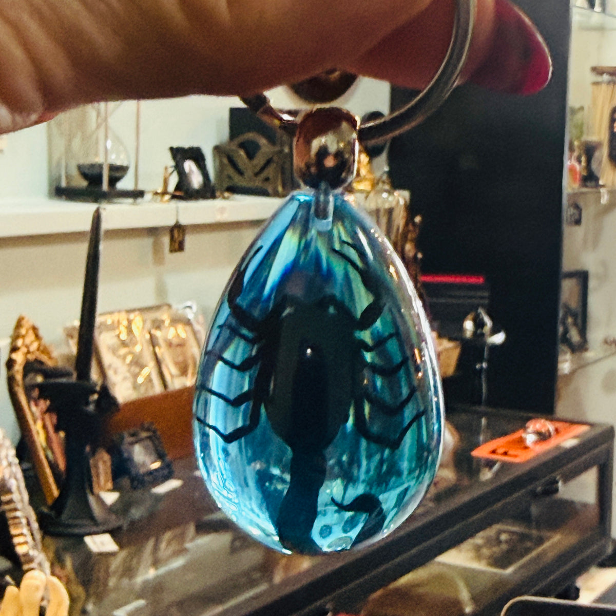 Scorpion on Blue Drop Lucite Keychain