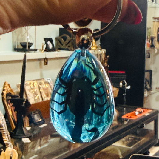 Scorpion on Blue Drop Lucite Keychain