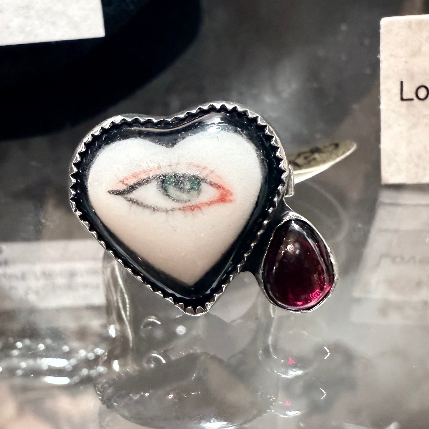 Sterling Gothic Victorian Lover’s Eye Black Heart Ring Garnet Tear