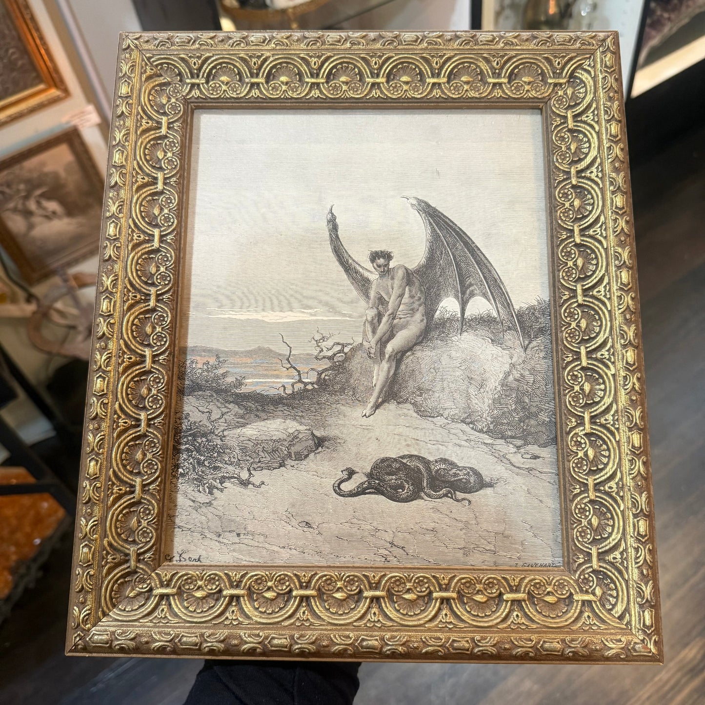 Antique Framed Paradise Lost Gustave Dore Scene Serpent