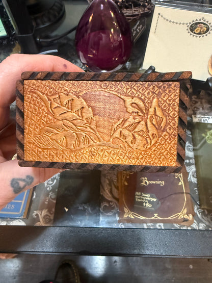 Antique Art Nouveau Woman & Flowers Pyrography Hinged Wooden Box