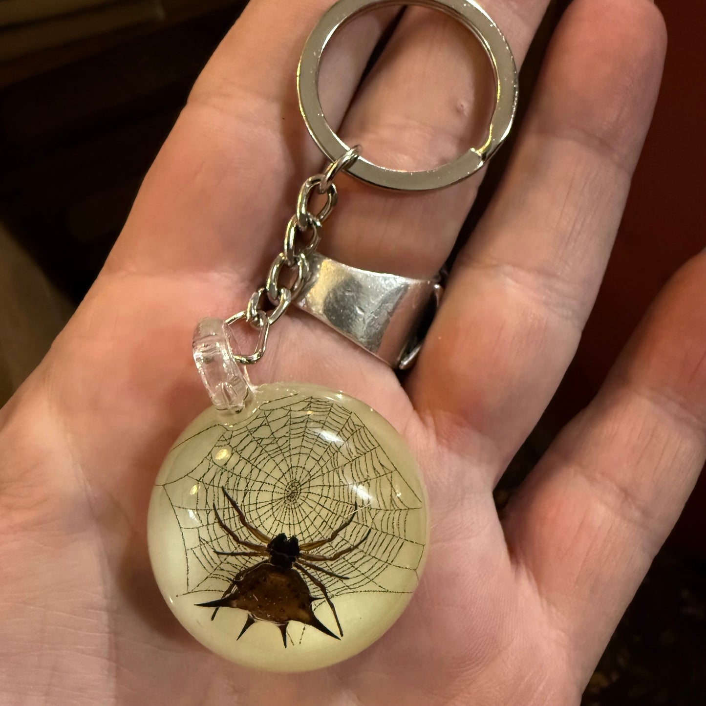 Spiny Spider in Web Glow Round Lucite Keychain