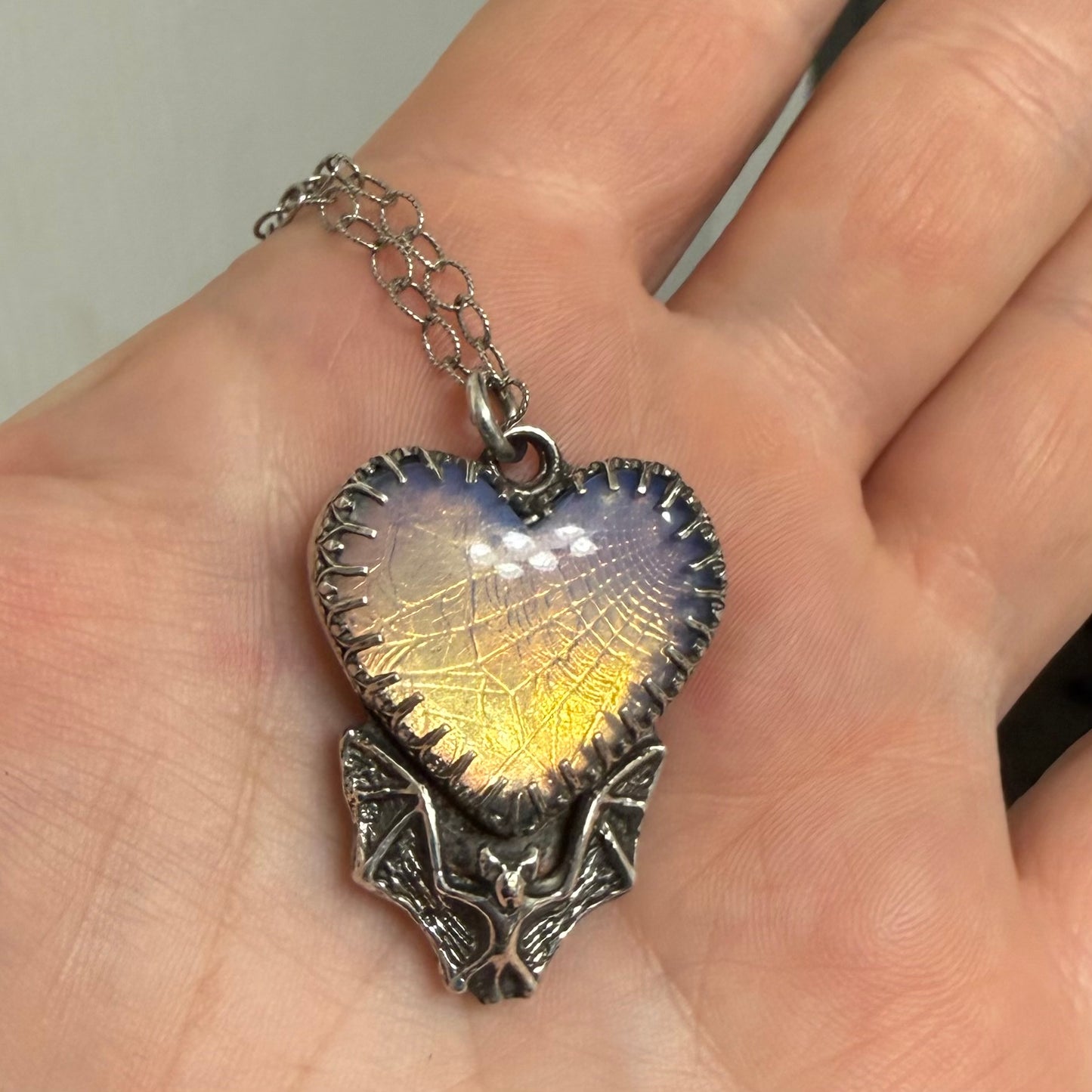 Opaline Spiderweb Heart Bat Handmade Sterling Necklace