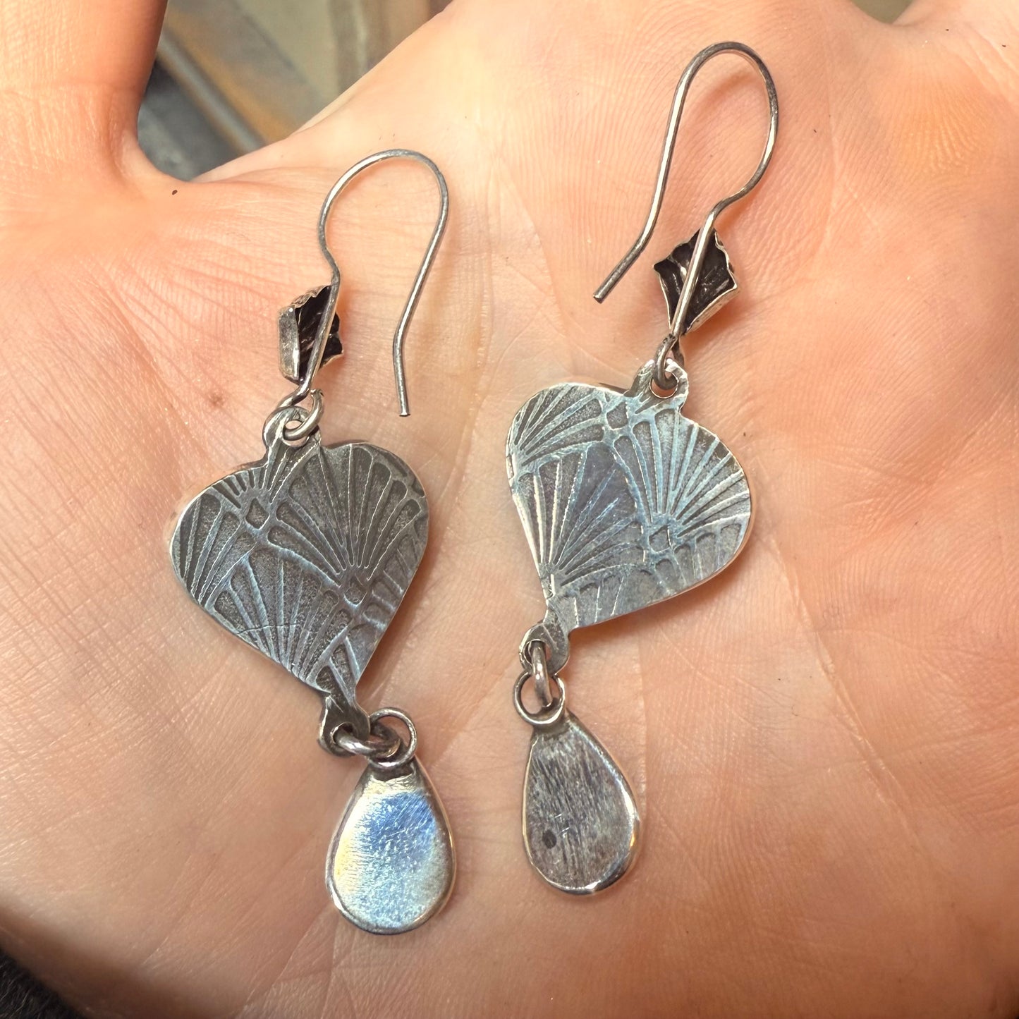 Sterling Gothic Victorian Lover’s Eye Blue Heart Earrings Garnet Drop