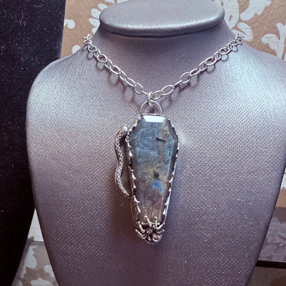 Sterling Silver Serpent and Spider Labradorite Coffin  Necklace Gothic Victorian Handmade