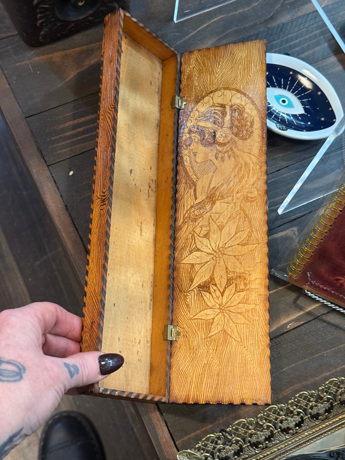 Antique Art Nouveau Woman & Red Flowers Hand Painted Pyrography Hinged Wooden Box