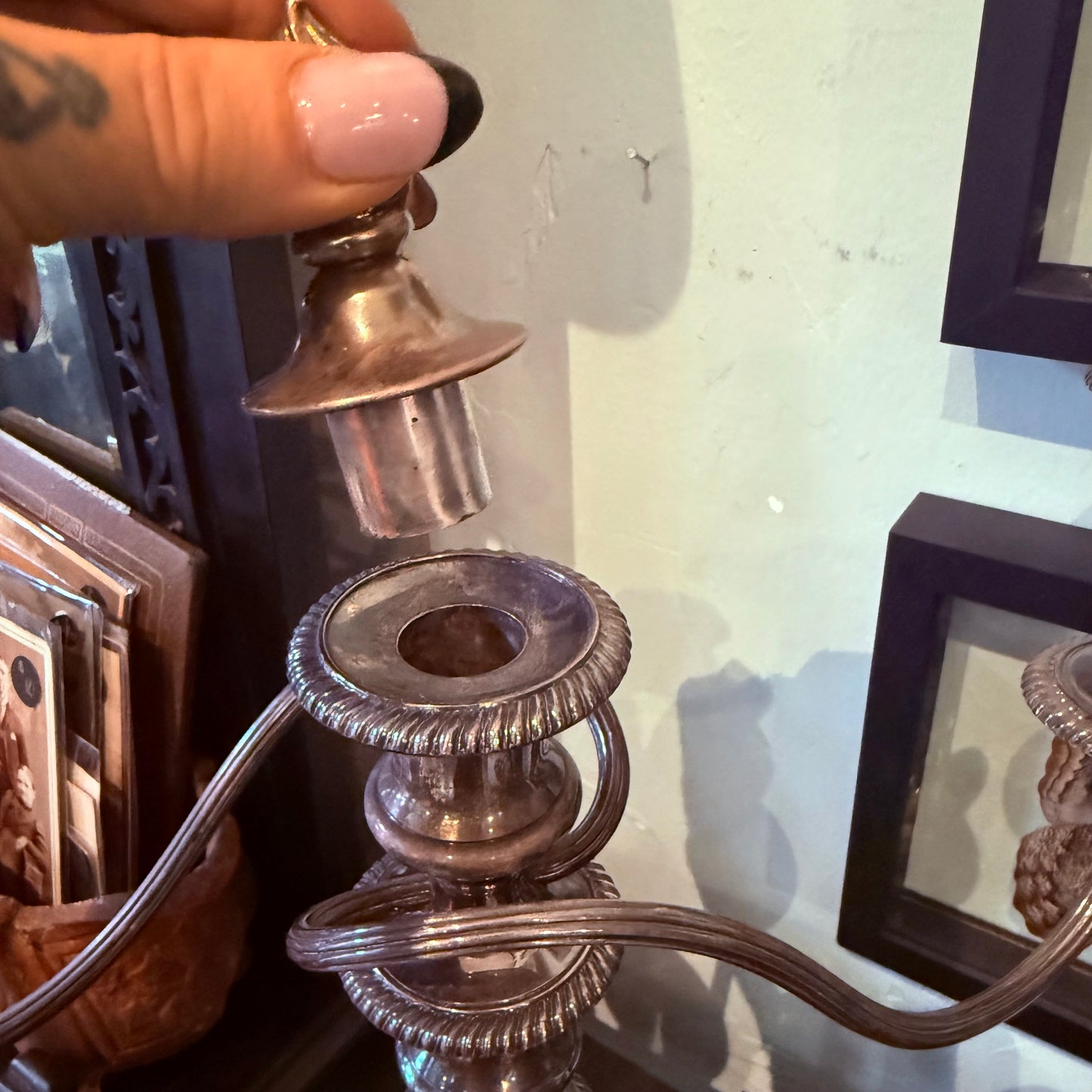 Antique Silver Plate Two Arm Triple Candelabra With Torch Finial