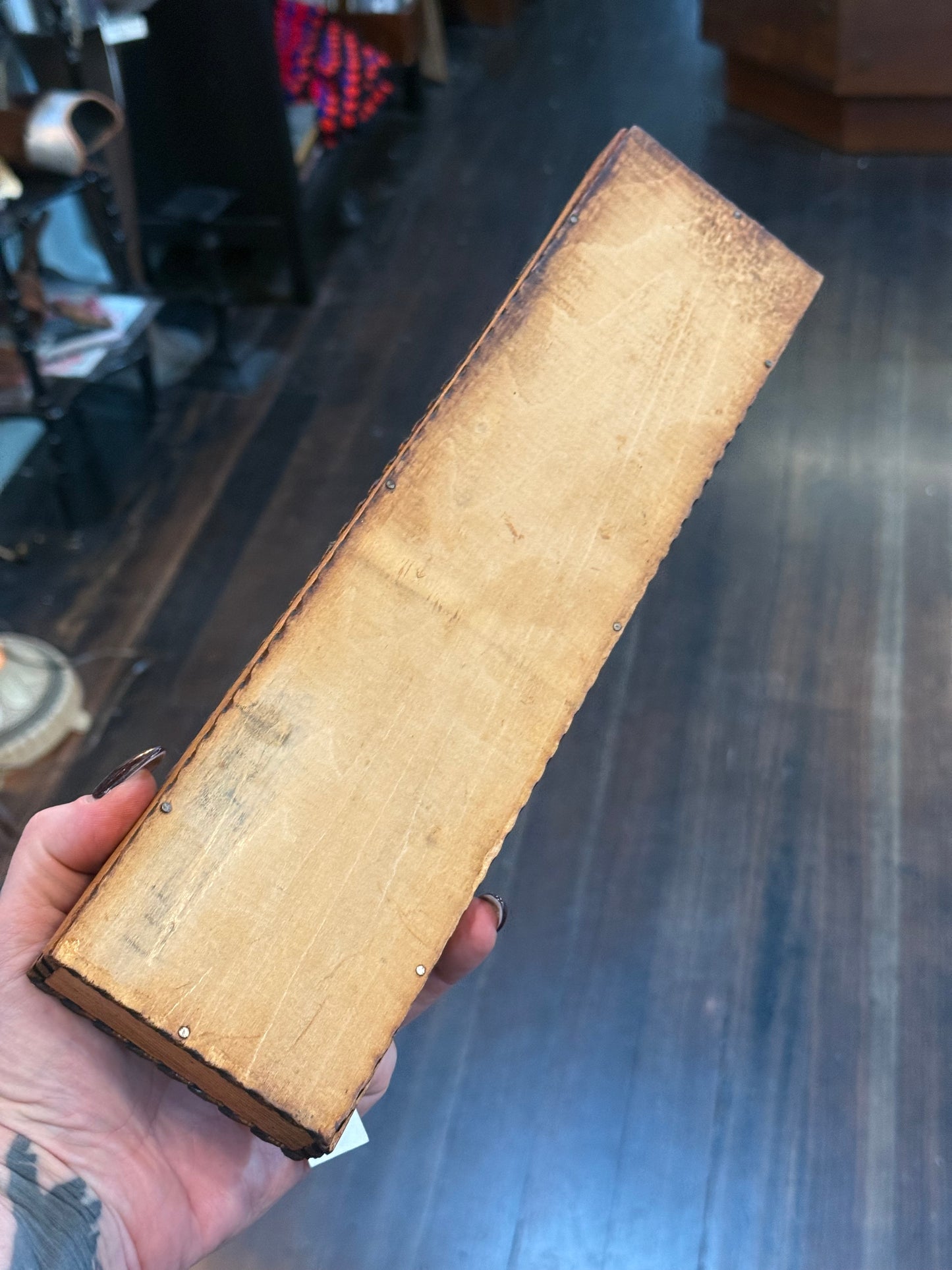 Antique Art Nouveau Woman & Red Flowers Hand Painted Pyrography Hinged Wooden Box