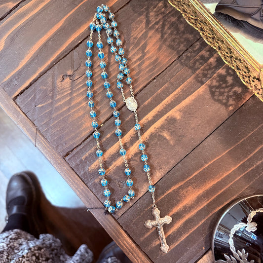 Antique Italy Blue Glass Beaded Rosary