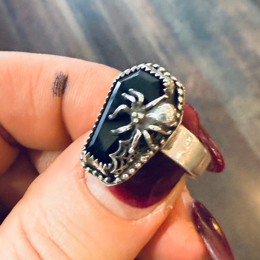 Sterling Spiderweb & Spider Onyx Coffin Ring Spider Handmade Size 7 1/2