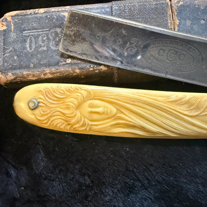 Antique Art Nouveau Woman Face Celluloid Razor With Box