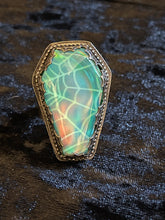 Load image into Gallery viewer, Gothic Victorian Aurora Opal Glow Coffin Spiderweb Ring
