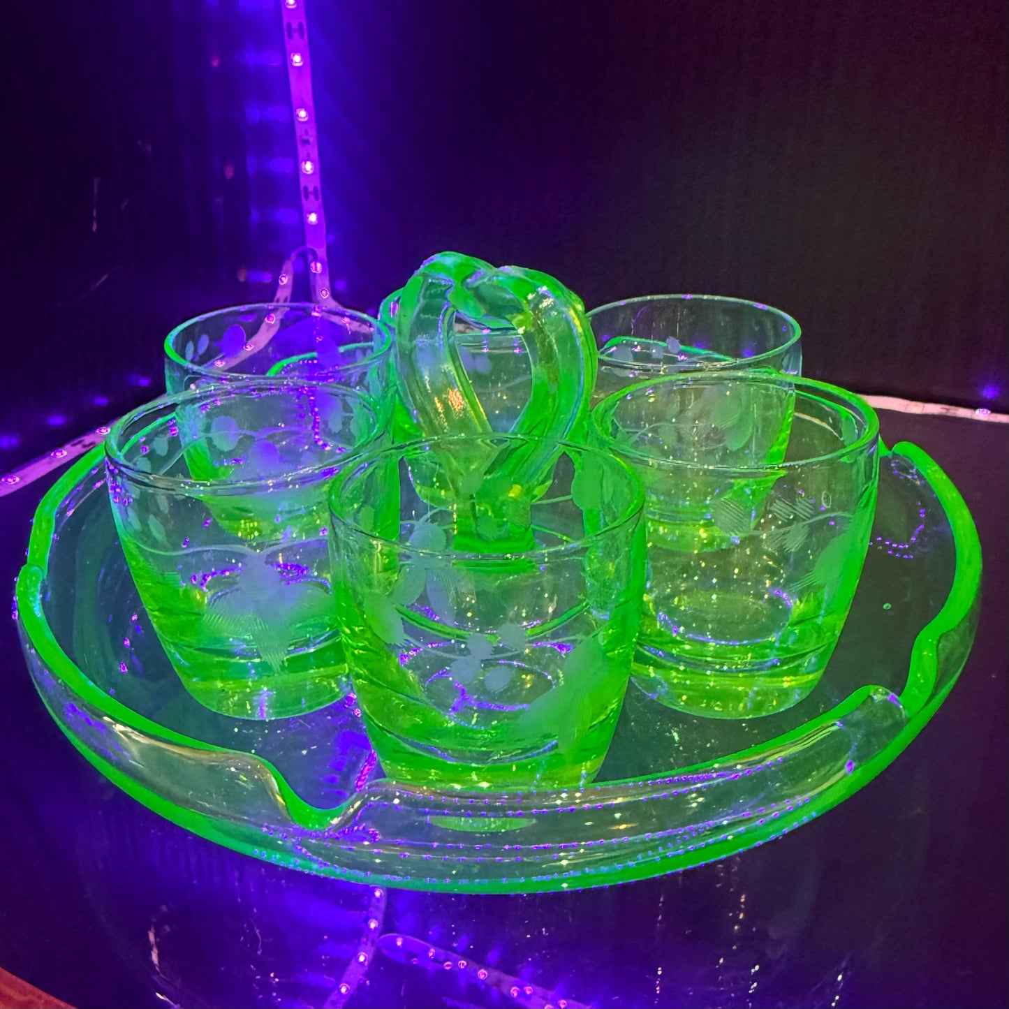 Antique Uranium Glass Set W/ Carrier