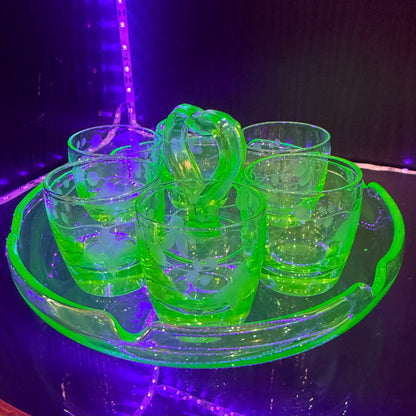 Antique Uranium Glass Set W/ Carrier