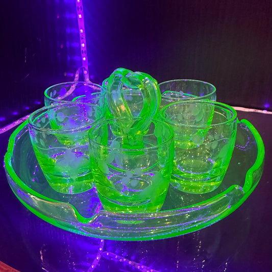 Antique Uranium Glass Set W/ Carrier