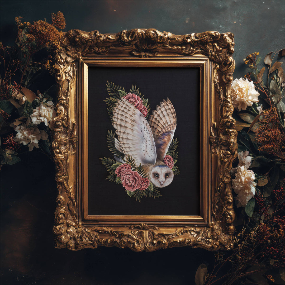 Barn Owl & Peonies Fine Art Print