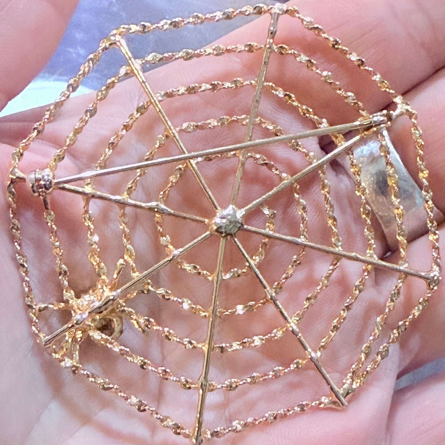 Antique Goldtone Spiderweb Rhinestone Spider Brooch