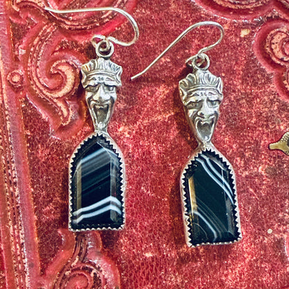 Handcrafted Sterling 1800’s Screaming Gargoyle Banded Agate Coffin Earrings
