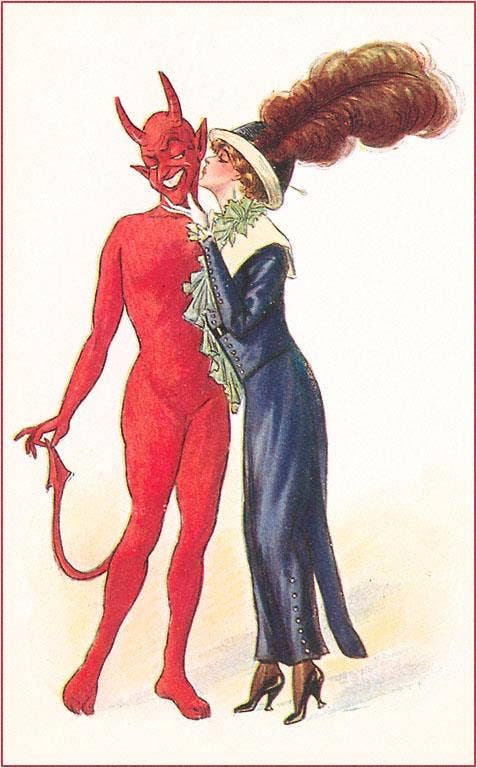 Postcard DM-09 Devil, Woman with Feathered Hat