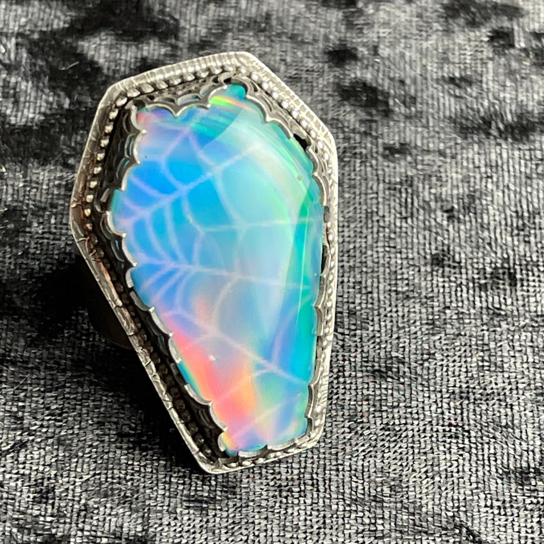 Gothic Victorian Aurora Opal Glow Coffin Spiderweb Ring