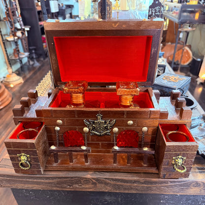 Vintage Dark Wood Castle Decanter Set