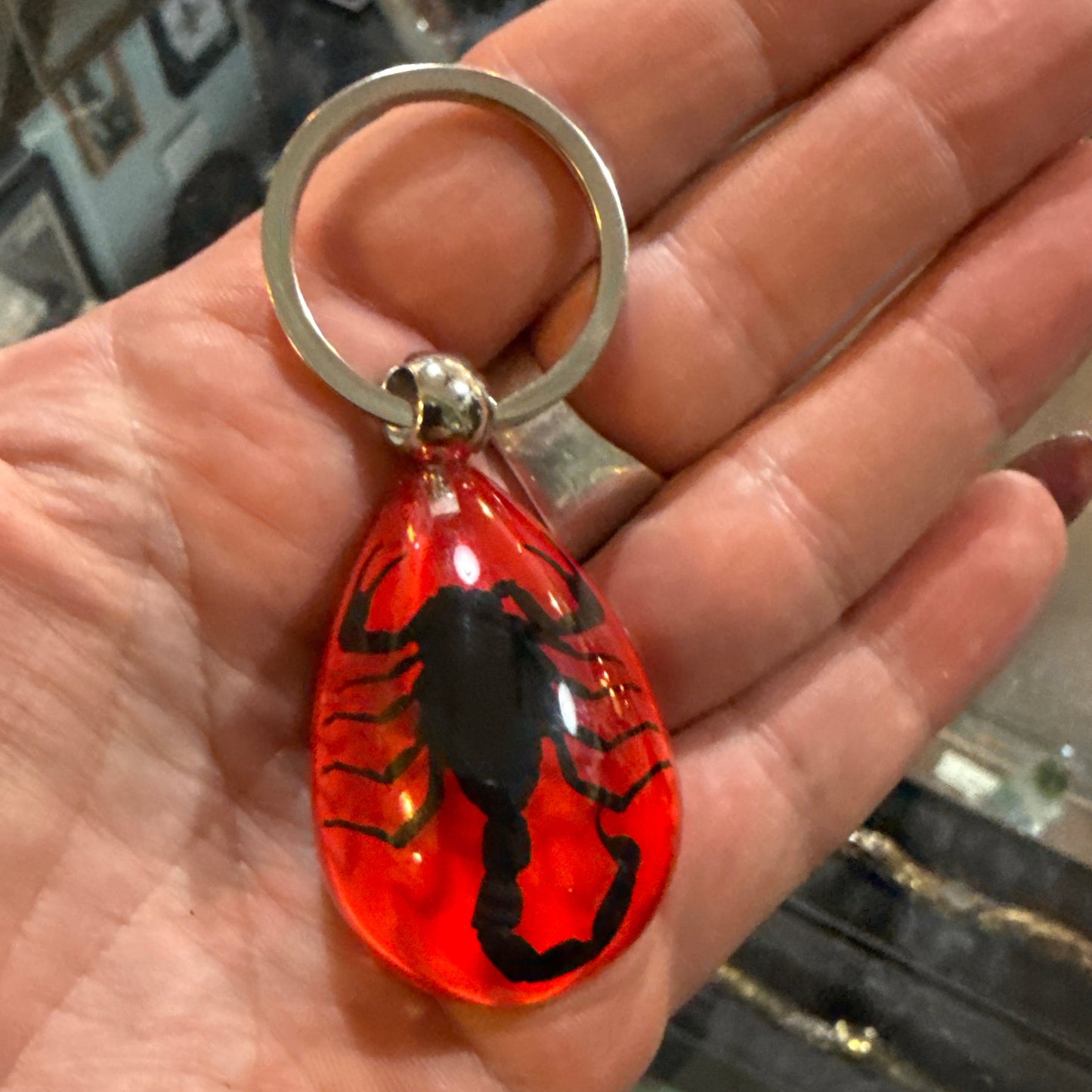 Scorpion on Red Drop Lucite Keychain